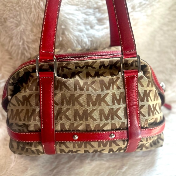 AUTH Michael Kors Y2K Shoulder Satchel MK Monogram Red and Tan - Picture 4 of 10